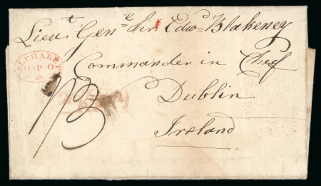 Stamp of Ireland » Pre-Stamp Postal History » Unified Post Period - 1827-1839 1838 (12.3) cover to  Commander in Chief Dublin with the extremely rare usage of the dotted oval ALPHABET / G*P*O/* of Dublin in red
