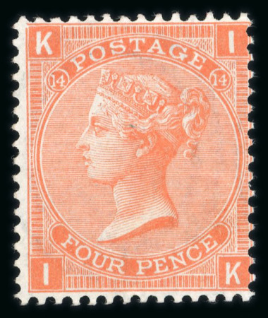 Stamp of Great Britain » 1855-1900 Surface Printed » 1865-67 Large Uncoloured Corner Letters, Wmk Large Garter & Emblems 1865-67 wmk Large Garter 4d vermilion pl.14 IK mint