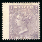 Stamp of Great Britain » 1855-1900 Surface Printed » 1865-67 Large Uncoloured Corner Letters, Wmk Large Garter & Emblems 1865-67 wmk Emblems 6d lilac pl.5 SI mint, part o.g.