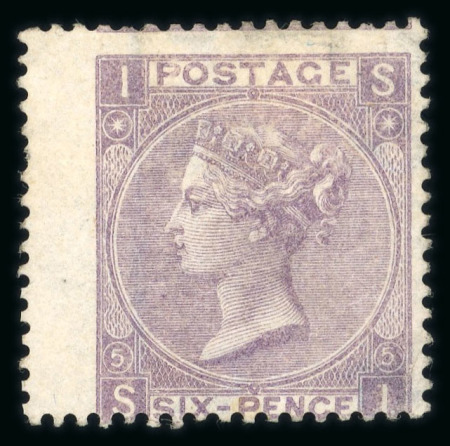 Stamp of Great Britain » 1855-1900 Surface Printed » 1865-67 Large Uncoloured Corner Letters, Wmk Large Garter & Emblems 1865-67 wmk Emblems 6d lilac pl.5 SI mint, part o.g.
