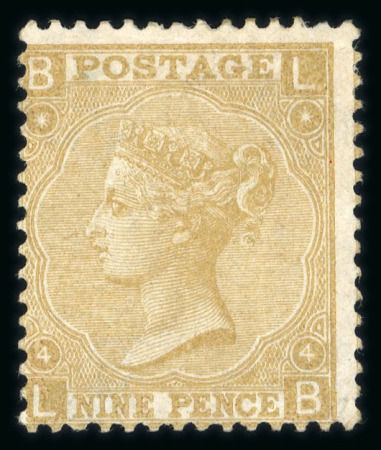 Stamp of Great Britain » 1855-1900 Surface Printed » 1865-67 Large Uncoloured Corner Letters, Wmk Large Garter & Emblems 1865-67 wmk Emblems 9d straw LB mint, large part o.g.