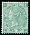Stamp of Great Britain » 1855-1900 Surface Printed » 1867-80 Large Uncoloured Corner Letters, Wmk Spray of Rose 1867-80 wmk Spray 1s green pl.7 LC mint