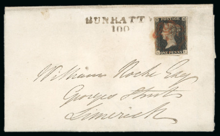 Stamp of Ireland » GB Used In Ireland 1d black, plate 1b AI on cover with 2-line BUNRATTY/100 mileage mkg alongside
