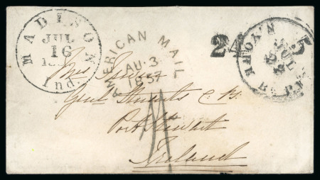 Stamp of Ireland » Transatlantic Mail to, from and via Ireland 1857 (16.7) Envelope from the USA with clear strike of the unframed circular all in one AMERICAN MAIL / AU.3 / 1857 / 1/- Dublin charge
