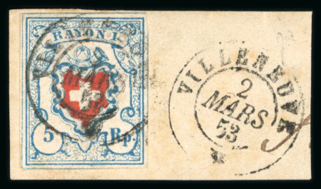 Stamp of Switzerland / Schweiz » Rayonmarken » Rayon I, hellblau, ohne KE (STEIN C2) Rayon I hellblau, Type 31, Stein C2-RU, farbfrisch, allseits überrandig, auf kleinem Briefstück