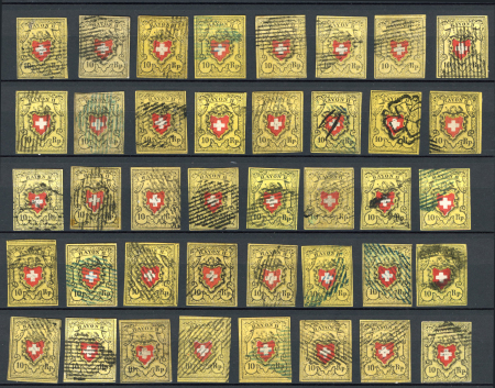 Stamp of Switzerland / Schweiz » Rayonmarken » Rayon II, gelb, ohne Kreuzeinfassung (Diverse) Komplette Typentafel aller 40 Typen, 40 meist voll- bis überrandige Einzelmarken