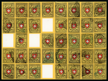 Stamp of Switzerland / Schweiz » Rayonmarken » Rayon II, gelb, ohne Kreuzeinfassung (Diverse) Unvollständige Typentafel des Drucksteins B auf dickem Kartonpapier