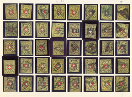 Stamp of Switzerland / Schweiz » Rayonmarken » Rayon II, gelb, ohne Kreuzeinfassung (Diverse) Komplette Typentafel aller 40 Typen, mit 40 meist gut gerandeten Einzelmarken