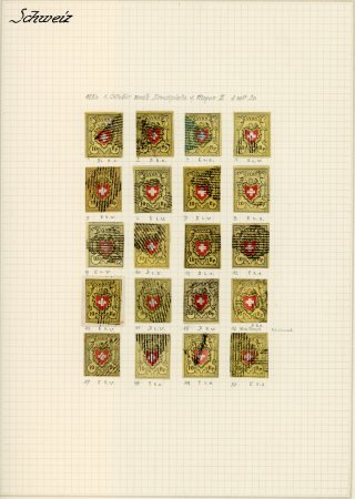Stamp of Switzerland / Schweiz » Rayonmarken » Rayon II, gelb, ohne Kreuzeinfassung (Diverse) Komplette Typentafel aller 40 Typen, 40 Stücke meist voll- bis breitrandig