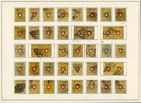 Stamp of Switzerland / Schweiz » Rayonmarken » Rayon II, gelb, ohne Kreuzeinfassung (Diverse) Komplette Typentafel aller 40 Typen, mit 32 Marken und 4 Paaren meist farbfrisch und gut gerandet