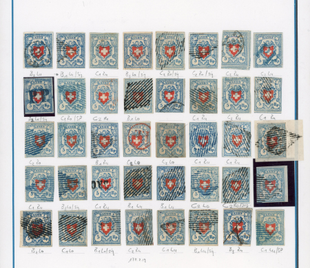 Stamp of Switzerland / Schweiz » Rayonmarken » Rayon I, hellblau, ohne KE (DIVERSE) Komplette Typentafel aller 40 Typen, 40 meist voll- bis überrandige Einzelmarken
