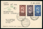 Stamp of Egypt » Commemoratives 1938 International Cotton Congress, two first day covers with complete sets plus complete set of three in corner marginal plate blocks
