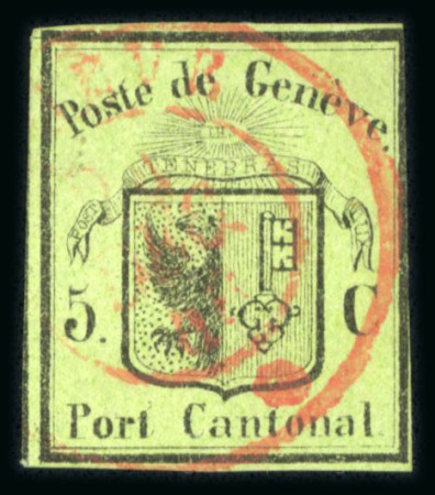Stamp of Switzerland / Schweiz » Kantonalmarken » Genf 1845, kleiner Adler, leicht und sauber entwertet mit seltenem roten Zweikreisstempel « GENEVE DEC. 46 »