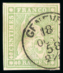 Stamp of Switzerland / Schweiz » Sitzende Helvetia Ungezähnt » 1856-57 Berner Druck (II) 40 Rp. grün, 2. Berner Druckperiode,  sauber entwertet mit schwarzem Einkreisstempel « GENEVE 18 OCTO. 58 2 1/2 »