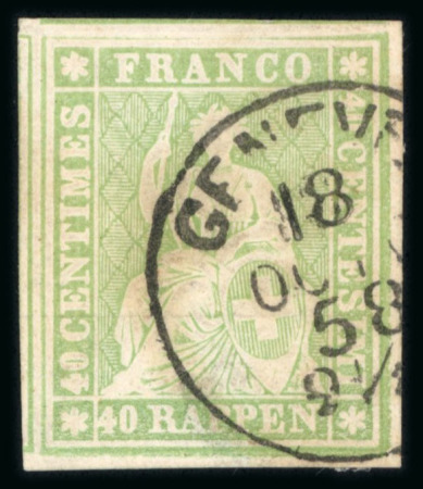 Stamp of Switzerland / Schweiz » Sitzende Helvetia Ungezähnt » 1856-57 Berner Druck (II) 40 Rp. grün, 2. Berner Druckperiode,  sauber entwertet mit schwarzem Einkreisstempel « GENEVE 18 OCTO. 58 2 1/2 »