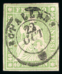 Stamp of Switzerland / Schweiz » Sitzende Helvetia Ungezähnt » 1856-57 Berner Druck (II) 40 Rp. grün, 2. Berner Druckperiode, zentrisch entwertet mit voll aufgesetztem schwarzen Zweikreisstempel « ECHALLENS 23 OCT … »