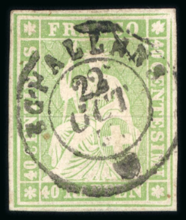 Stamp of Switzerland / Schweiz » Sitzende Helvetia Ungezähnt » 1856-57 Berner Druck (II) 40 Rp. grün, 2. Berner Druckperiode, zentrisch entwertet mit voll aufgesetztem schwarzen Zweikreisstempel « ECHALLENS 23 OCT … »