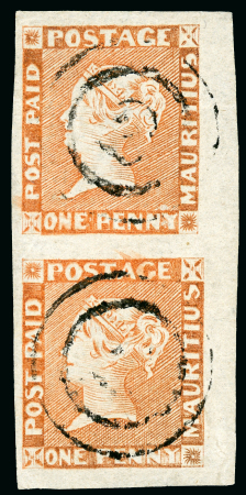 Stamp of Mauritius » 1848-59 Post Paid Issue » Intermediate Impressions (SG 10-15) 1d. dull vermilion  vertical pair on yellowish paper,
