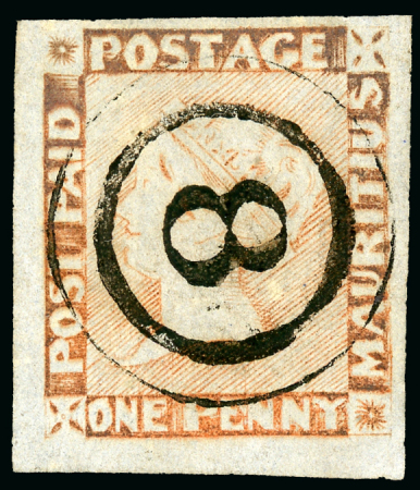 Stamp of Mauritius » 1848-59 Post Paid Issue » Worn Impressions (SG 16-22) 1d. red brown on bluish paper, worn impression, neatly cancelled by a clear crisp strike of the double ring "8" for Ville Bague