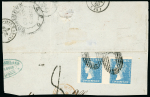 Stamp of Mauritius » 1859 Dardenne Issue (SG 41-44) 1859 Dardenne 2d. pale blue pair, left stamp with re-touch on nose, used on large piece of entire to France