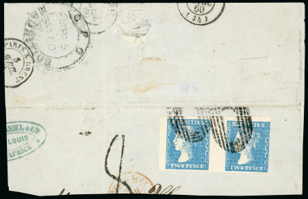 Stamp of Mauritius » 1859 Dardenne Issue (SG 41-44) 1859 Dardenne 2d. pale blue pair, left stamp with re-touch on nose, used on large piece of entire to France