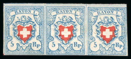 Stamp of Switzerland / Schweiz » Rayonmarken » Rayon I, hellblau, ohne KE (STEIN C2) 1851, Rayon I hellblau im Dreierstreifen, Typen 37-38-39, Stein C2-RU, ungebraucht mit Originalgummi und Falz