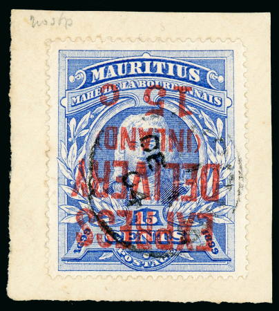 Stamp of Mauritius » Express Delivery Stamps 1903-04 15c. on 15c. ultramarine, type E4 surcharge, variety surcharge inverted, used on piece