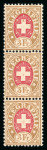 Stamp of Switzerland / Schweiz » Telegraphenmarken 1874, Telegrafenmarke 3 Fr. im Dreierstreifen, ungebraucht mit vollständigem Originalgummi