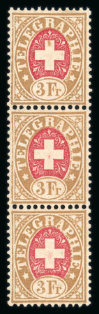 Stamp of Switzerland / Schweiz » Telegraphenmarken 1874, Telegrafenmarke 3 Fr. im Dreierstreifen, ungebraucht mit vollständigem Originalgummi