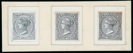 Stamp of Mauritius » 1860-72 De La Rue Issues (SG 46-72) 1863ca. piece (108x42mm) counter sunk and mounted with three stamp-size die proofs of the 3d., 1/- and 5/