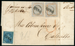 Stamp of Mauritius » 1848-59 Post Paid Issue » Latest Impressions (SG 23-25) 1d. red-brown on bluish paper, latest impression, two singles in combination with "Britannia" 6d on cover to India