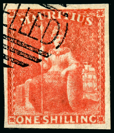 Stamp of Mauritius » 1858-62 Britannia Issues (SG 26-35) 1858-62 Britannia Issue 1/- vermilion showing the Perkins Bacon "CANCELLED" handstamp