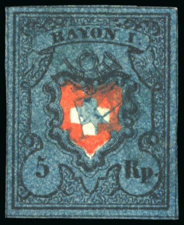 Stamp of Switzerland / Schweiz » Rayonmarken » Rayon I, dunkelblau ohne Kreuzeinfassung 1850, Rayon I dunkelblau ohne Kreuzeinfassung, Type 18, leicht und kontrastvoll entwertet mit doppelt aufgeschlagenem blauen Franko