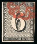 Stamp of Switzerland / Schweiz » Kantonalmarken » Zürich 1843, Zürich 6 mit hervortretenden senkrechten Unterdrucklinien,  leicht entwertet mit roter Zürcher Rosette (AW1)