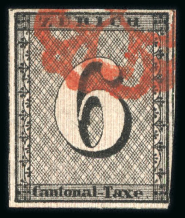 Stamp of Switzerland / Schweiz » Kantonalmarken » Zürich 1843, Zürich 6 mit hervortretenden senkrechten Unterdrucklinien,  leicht entwertet mit roter Zürcher Rosette (AW1)