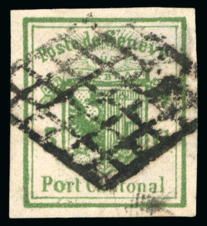 Stamp of Switzerland / Schweiz » Kantonalmarken » Genf 1849, Genfer Ganzsachenausschnitt, sauber entwertet mit schwarzer Genfer Gitterraute (AW101)