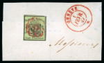 Stamp of Switzerland / Schweiz » Kantonalmarken » Genf 1847, kleiner Adler, auf kleinem Briefstück, leicht und zentrisch entwertet mit roter Genfer Rosette (AW2)