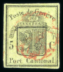 Stamp of Switzerland / Schweiz » Kantonalmarken » Genf 1846, grosser Adler gelbgrün, zart und zentrisch entwertet mit roter Genfer Rosette (AW2)