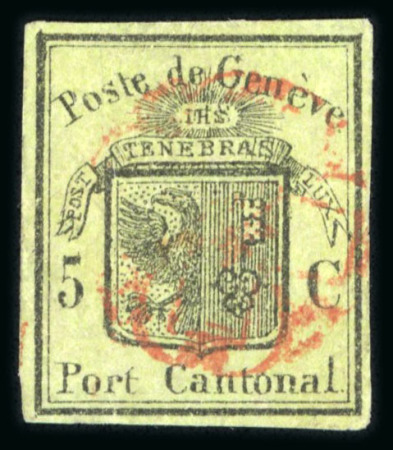 Stamp of Switzerland / Schweiz » Kantonalmarken » Genf 1846, grosser Adler gelbgrün, zart und zentrisch entwertet mit roter Genfer Rosette (AW2)