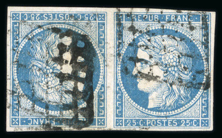 Stamp of France » Type Cérès de 1849-1850 1849, Cérès Y&T n°4c 25 c bleu en paire tête-bêche