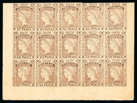 Stamp of Australia » New South Wales 1853 6d brown, plate I, reprintbottom sheet marginal reprint block of fifteen