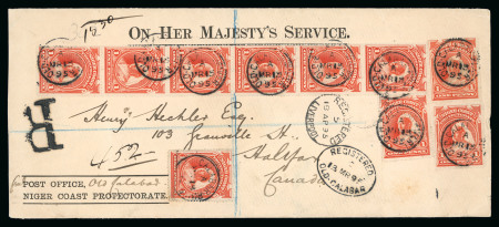 Stamp of Nigerias » Niger Coast Protectorate Old Calabar: 1895 (Mar 13) OHMS envelope sent registered from Old Calabar  with 1894 1d orange vermilion, strip of six and four single