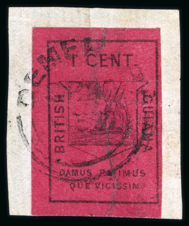 Stamp of British Guiana 1852 1c black on magenta, good to large margins, tied DEMERARA