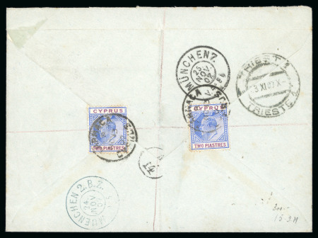 Stamp of Cyprus » King Edward VII Issues 1904-10 2pi blue and purple, two singles, neatly tied LARNACA/NO.13.07 cds on reverse of cover