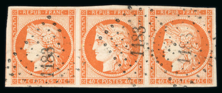 Stamp of France » Type Cérès de 1849-1850 1849, Cérès Y&T n°5 40c orange, bande de 3 timbres