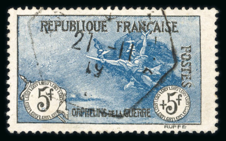 Stamp of France » Émissions à partir de 1900 1917, Orphelins Y&T n°155, 5f + 5f noir et bleu, oblitéré,
