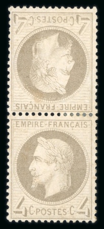 Stamp of France » Empire Lauré 1863-1870 1862, Napoléon Lauré Y&T n°27B, 4c gris en paire verticale neuve, gomme non originale TB. Cote avec gomme 40'000€. 