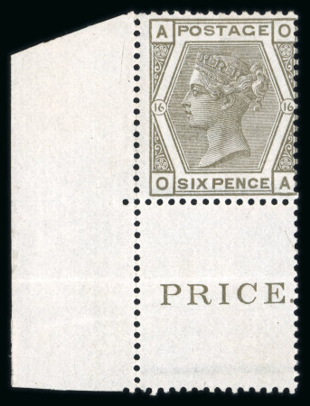 Stamp of Great Britain » 1855-1900 Surface Printed » 1873-80 Large Coloured Corner Letters 1873-80 wmk Spray 6d grey pl.16 mint lower left corner marginal example with 'PRICE' inscription