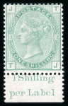 Stamp of Great Britain » 1855-1900 Surface Printed » 1873-80 Large Coloured Corner Letters 1873-80 wmk Spray 1s green pl.13 mint n.h. lower marginal with inscription