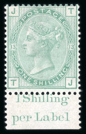 Stamp of Great Britain » 1855-1900 Surface Printed » 1873-80 Large Coloured Corner Letters 1873-80 wmk Spray 1s green pl.13 mint n.h. lower marginal with inscription
